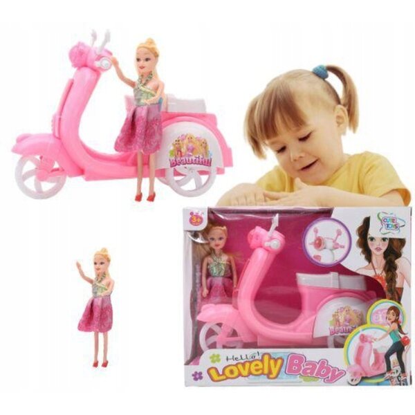 Bambola su grande scooter rosa 22 cm con movimento e dettagli eleganti