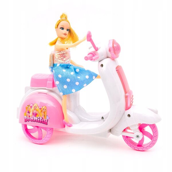 Bambola su grande scooter rosa 22 cm con movimento e dettagli eleganti