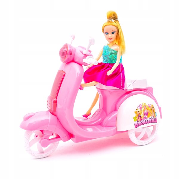 Bambola su grande scooter rosa 22 cm con movimento e dettagli eleganti