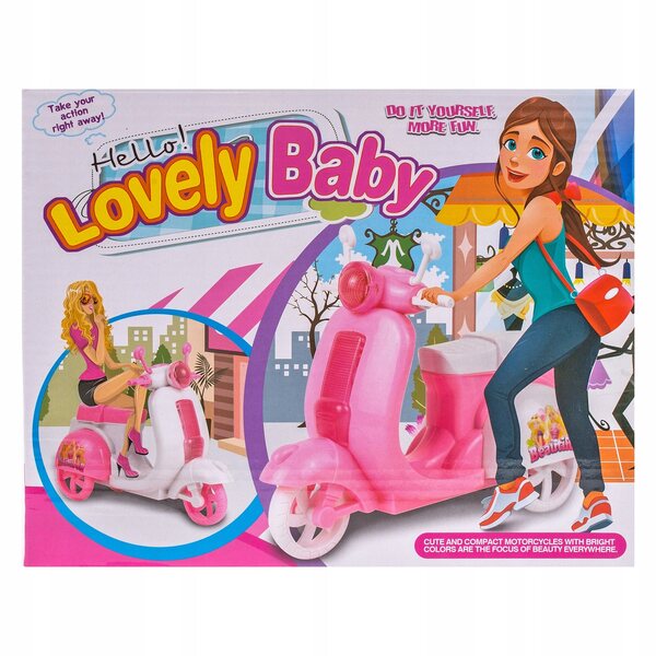 Bambola su grande scooter rosa 22 cm con movimento e dettagli eleganti