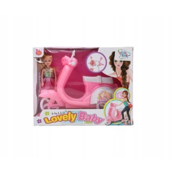 Bambola su grande scooter rosa 22 cm con movimento e dettagli eleganti