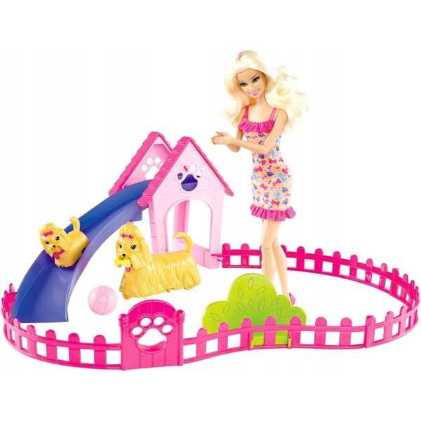 Barbie-Spielplatz für Hunde mit 2 Welpen und Zubehör, interaktives Spiel für Kinder