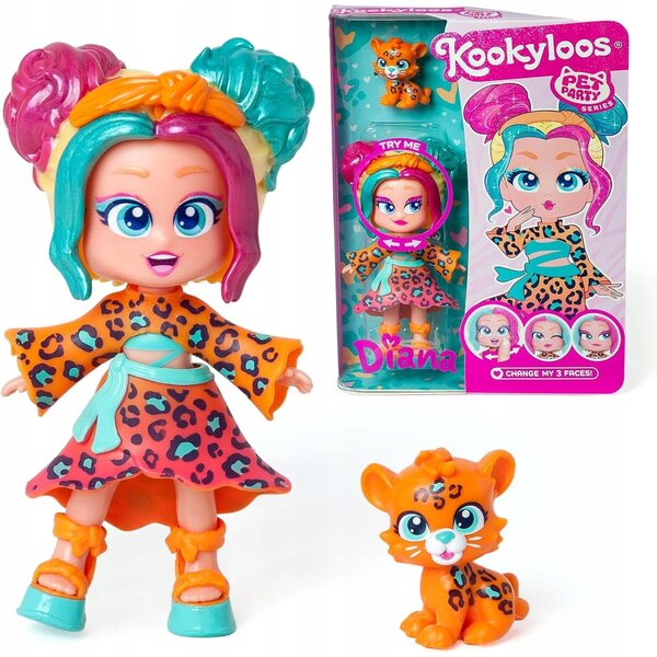 Kookyloos Pet Party Diana Lampart Puppe mit 3 Gesichtsausdrücken und Metallzubehör