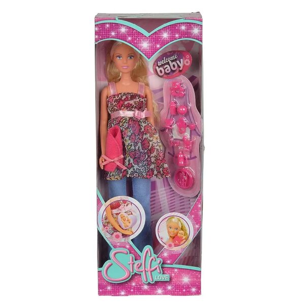 Bambola Steffi Love incinta con un bambino e un set di accessori, 29 cm
