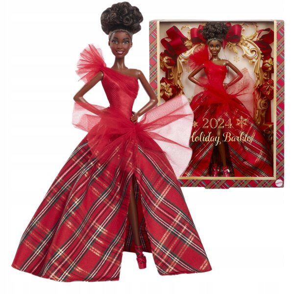 Barbie Signature 2024 mit lockigem Haar und elegantem Weihnachtspartykleid