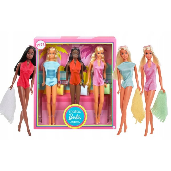 Barbie Malibu California Set mit 3 Sammelpuppen mit Originalzubehör, 29 cm