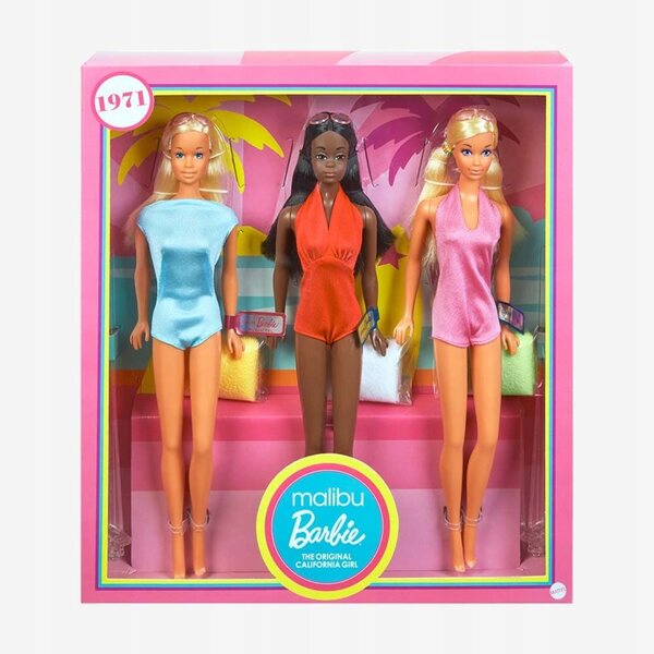 Barbie Malibu California Set mit 3 Sammelpuppen mit Originalzubehör, 29 cm
