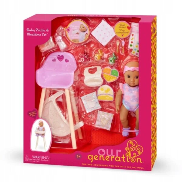 Our Generation Baby Emilia mit Essenszubehör – Babypuppen-Set 20 cm