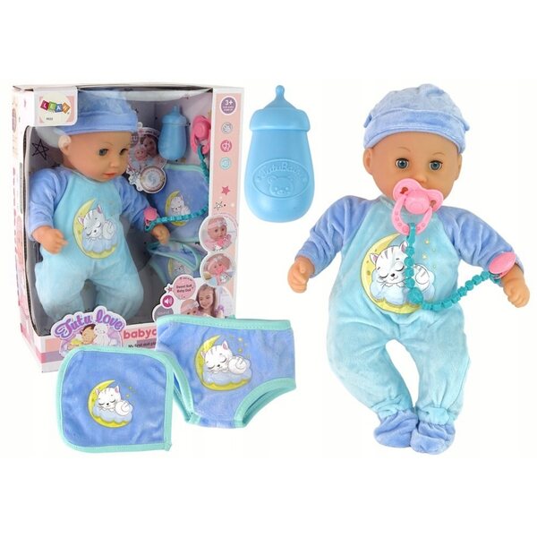 Bambolina con suono, ciuccio e biberon in pigiama blu LEAN Toys