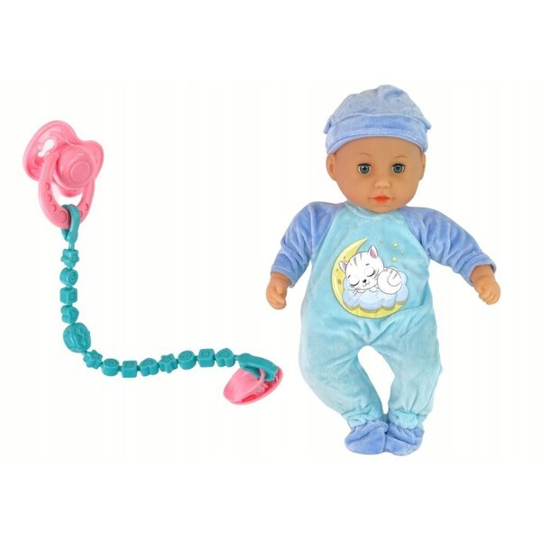 Bambolina con suono, ciuccio e biberon in pigiama blu LEAN Toys