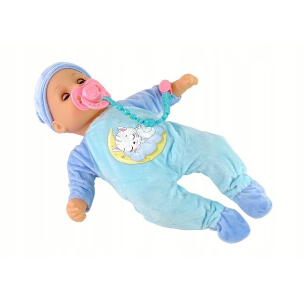 Bambolina con suono, ciuccio e biberon in pigiama blu LEAN Toys