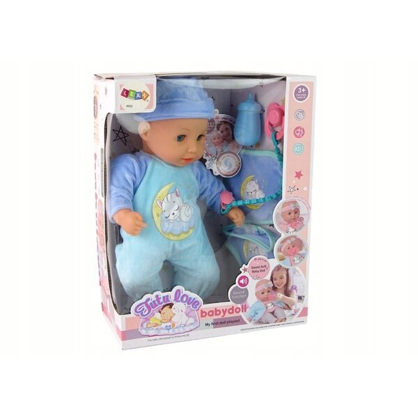 Bambolina con suono, ciuccio e biberon in pigiama blu LEAN Toys