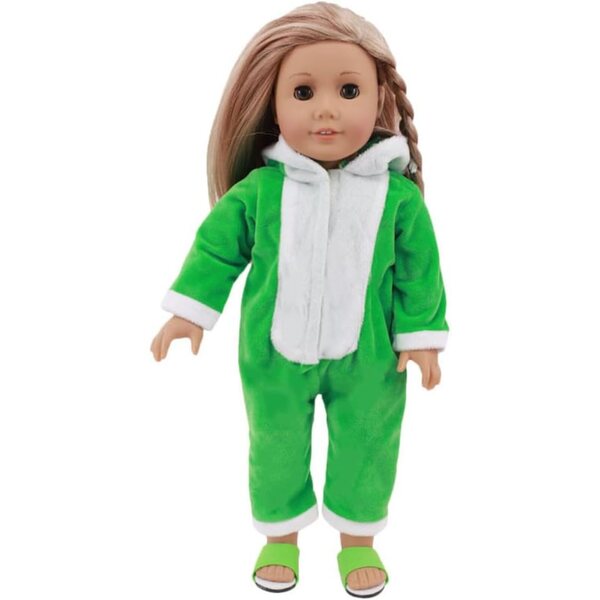 18-Zoll-Puppenkleidung für amerikanische Puppen – grüner Plüsch-Overall mit Kapuze
