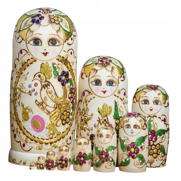 Set 10 Rosyjskich Laleczek Matrioszka in Legno, Dipinte a Mano, Decorazione Tradizionale