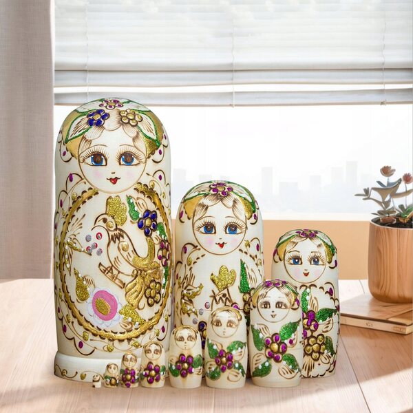 Set 10 Rosyjskich Laleczek Matrioszka in Legno, Dipinte a Mano, Decorazione Tradizionale