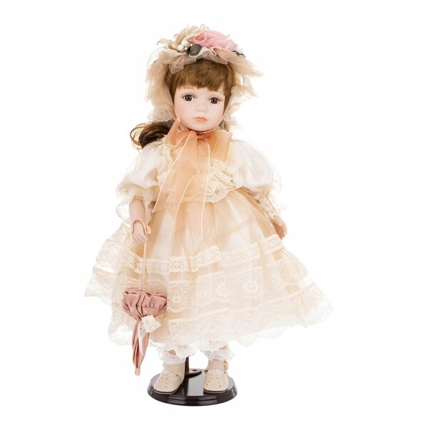 Bambola decorativa in porcellana da collezione di 49 cm con vestito e cappello