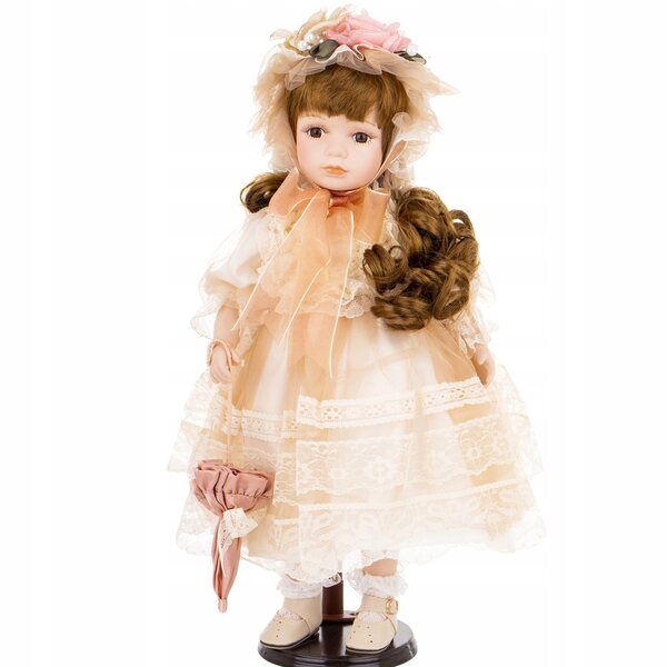 Bambola decorativa in porcellana da collezione di 49 cm con vestito e cappello