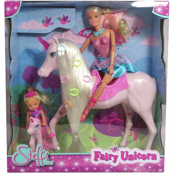 Bambola Steffi ed Evi con fate e un unicorno luminoso Simba