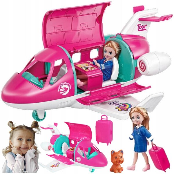 Eine Puppe mit Flugzeug, Hund und Zubehör – ein Spielzeug für Kinder ab 3 Jahren