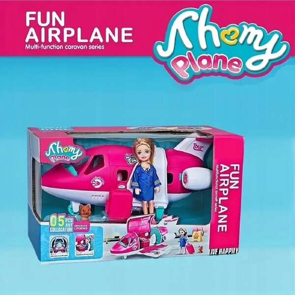 Eine Puppe mit Flugzeug, Hund und Zubehör – ein Spielzeug für Kinder ab 3 Jahren