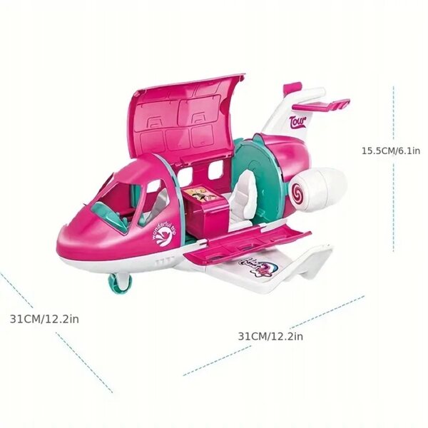 Eine Puppe mit Flugzeug, Hund und Zubehör – ein Spielzeug für Kinder ab 3 Jahren
