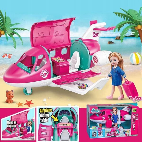 Eine Puppe mit Flugzeug, Hund und Zubehör – ein Spielzeug für Kinder ab 3 Jahren