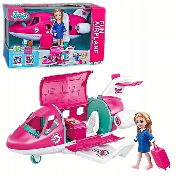 Eine Puppe mit Flugzeug, Hund und Zubehör – ein Spielzeug für Kinder ab 3 Jahren