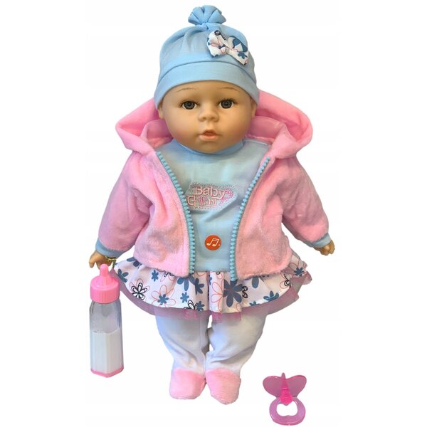 Eine sprechende und singende Babypuppe, 35 cm groß, mit Flasche und Schnuller