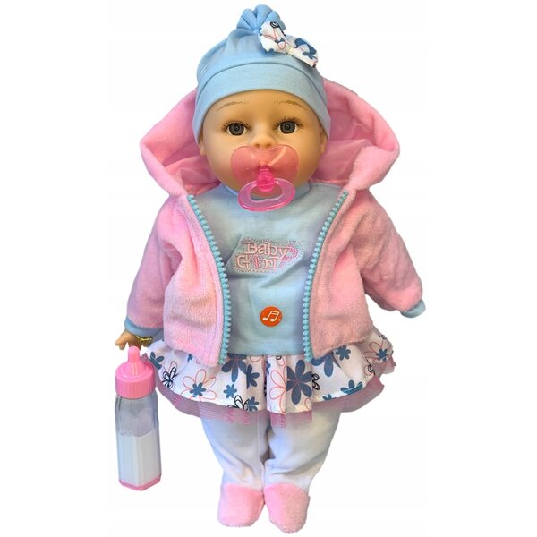 Eine sprechende und singende Babypuppe, 35 cm groß, mit Flasche und Schnuller