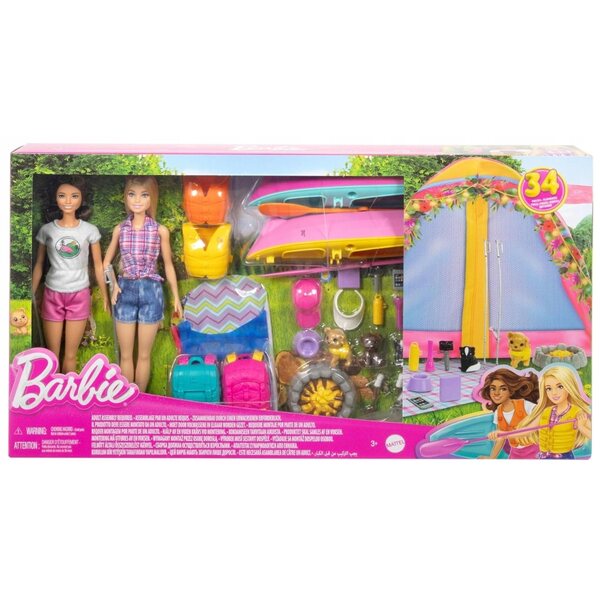 Barbie großes Camping-Set mit 2 Puppen, Zelt und Zubehör für Abenteuer