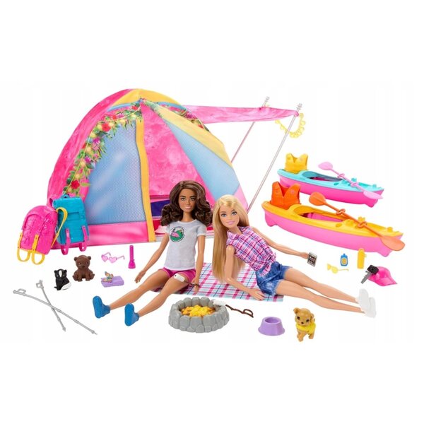 Barbie großes Camping-Set mit 2 Puppen, Zelt und Zubehör für Abenteuer