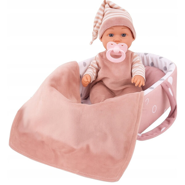 Bambola Neonato con Occhi di Vetro e Accessori - L 30 cm con Culla e Marsupio