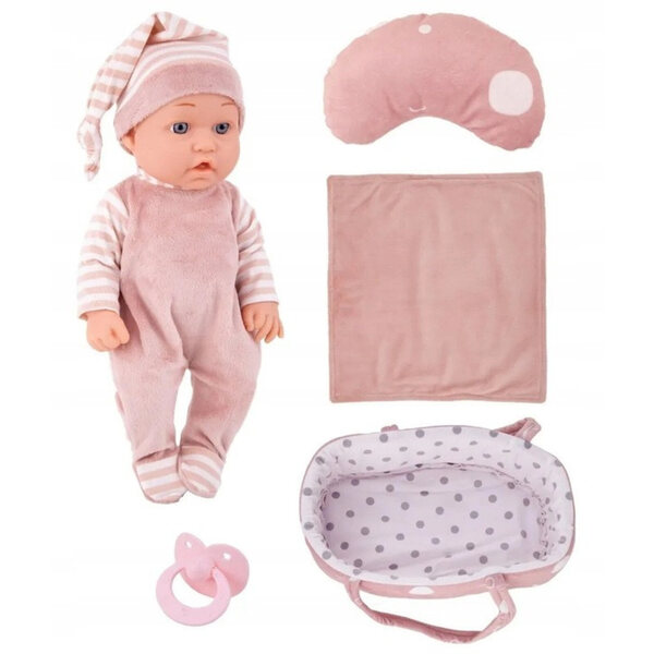 Bambola Neonato con Occhi di Vetro e Accessori - L 30 cm con Culla e Marsupio