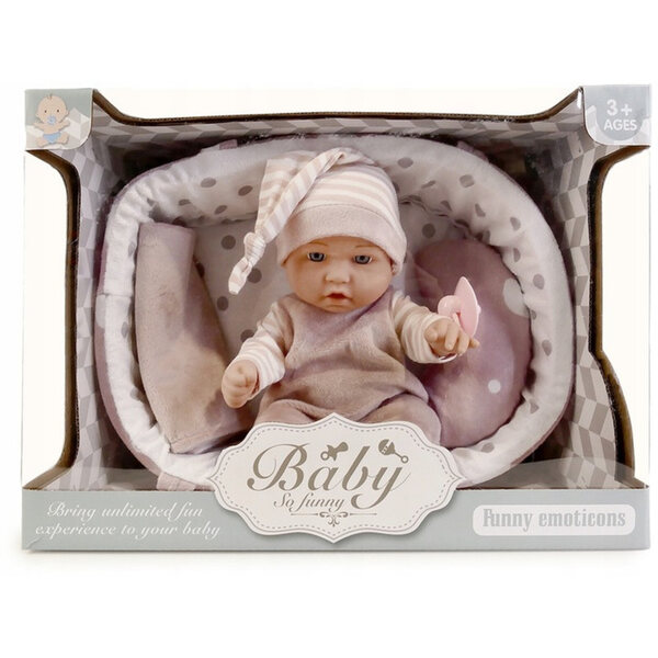 Bambola Neonato con Occhi di Vetro e Accessori - L 30 cm con Culla e Marsupio