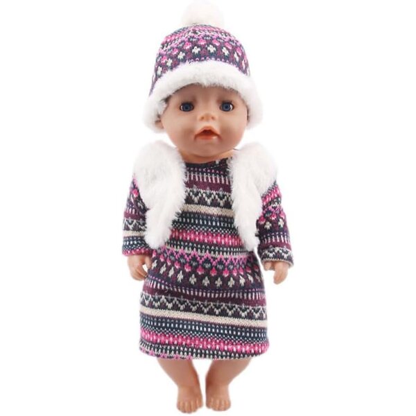 Kleidung für 18-Zoll-amerikanische Puppen – Gestrickter Weihnachtsrock mit Mütze – 2-teiliges Set