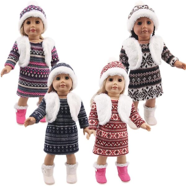 Kleidung für 18-Zoll-amerikanische Puppen – Gestrickter Weihnachtsrock mit Mütze – 2-teiliges Set