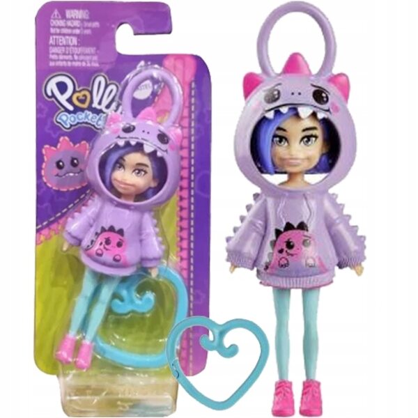 Polly Pocket Lilac Puppe mit Schlüsselanhänger – Sweatshirt und Dinosaurier Mattel
