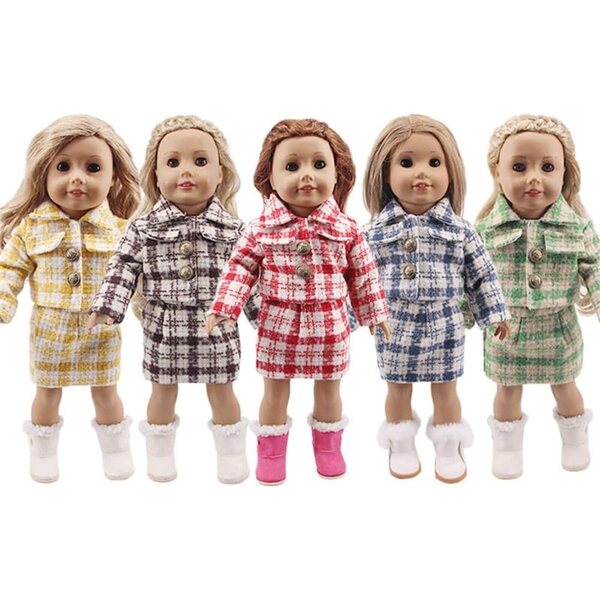 Kleidung für 18-Zoll-amerikanische Puppen – braun karierte Jacke und Rock – 2-teiliges Set