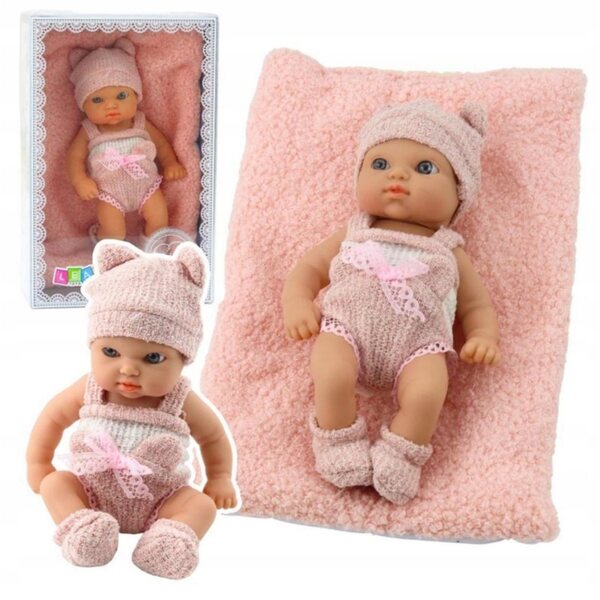 18 cm große Puppe mit Decke und rosa-weißer Kleidung von LEAN Toys