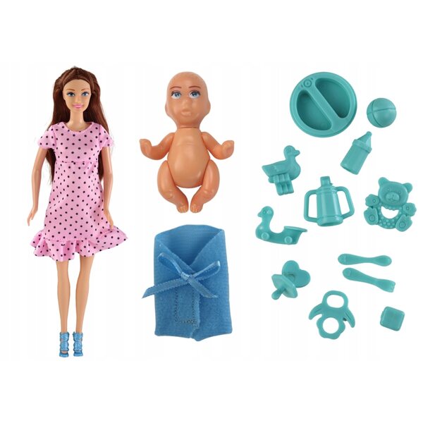 Bambola in gravidanza con pancione apribile e bebè estraibile, 30 cm con accessori