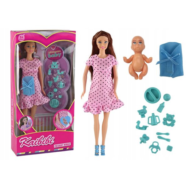 Bambola in gravidanza con pancione apribile e bebè estraibile, 30 cm con accessori