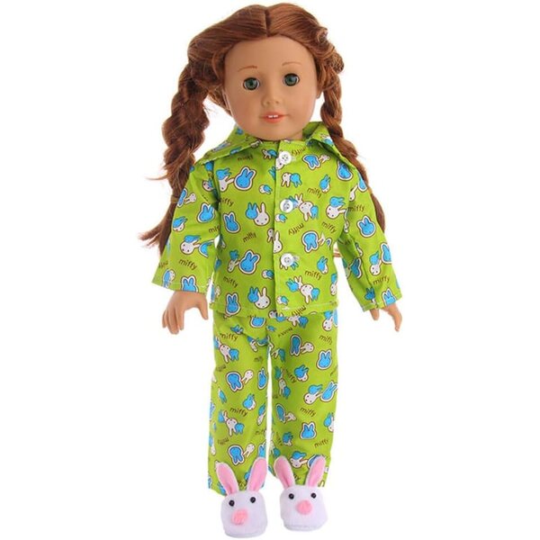 Kleidung für 18-Zoll-amerikanische Puppen: Grünes Pyjama- und Nachthemd-Set mit Hasen