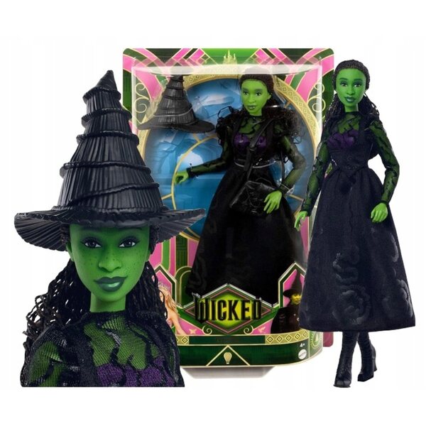 Bambola Elphaba del film Wicked Mattel, 29 cm, pelle verde, trecce + accessori