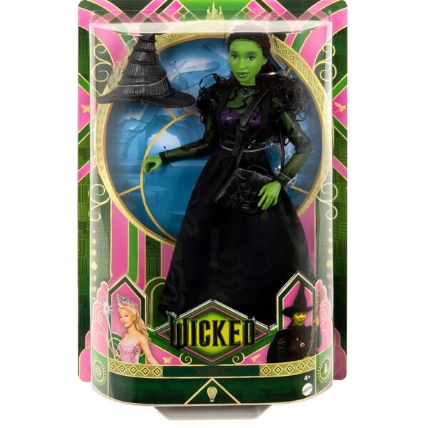 Bambola Elphaba del film Wicked Mattel, 29 cm, pelle verde, trecce + accessori