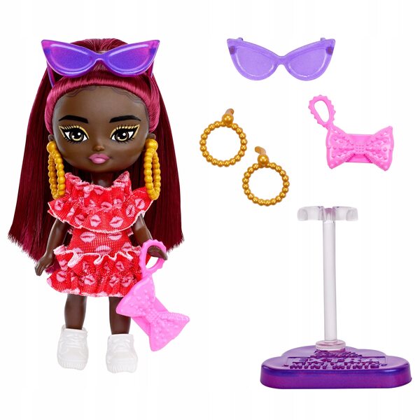 Barbie Extra Mini Minis mit burgunderfarbenen Haaren, 8,3 cm – einzigartige Mode und Stil