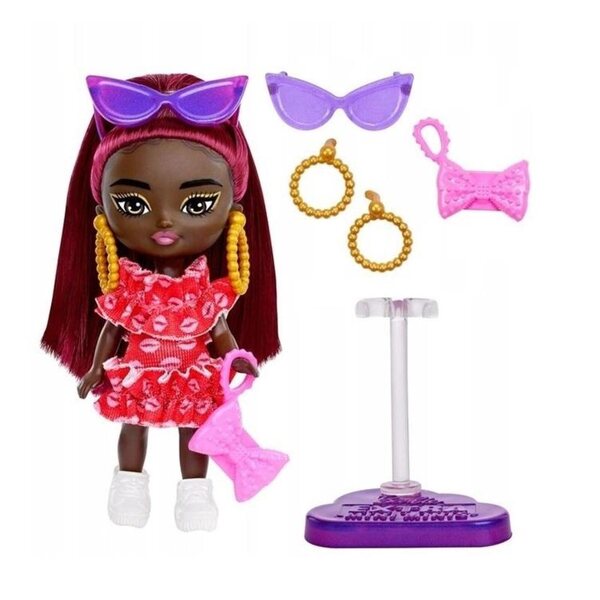 Barbie Extra Mini Minis mit burgunderfarbenen Haaren, 8,3 cm – einzigartige Mode und Stil