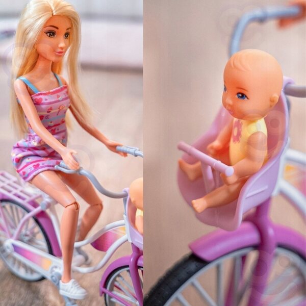 Bambola Lily con bicicletta e bambino sulla sedia, set WOOPIE per bambini dai 3 anni in su