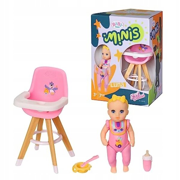 Baby Born Minis-Set mit Hochstuhl zum Mittagessen und Luna-Puppe, 7 cm
