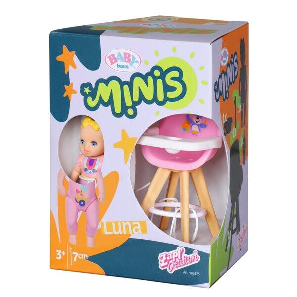 Baby Born Minis-Set mit Hochstuhl zum Mittagessen und Luna-Puppe, 7 cm