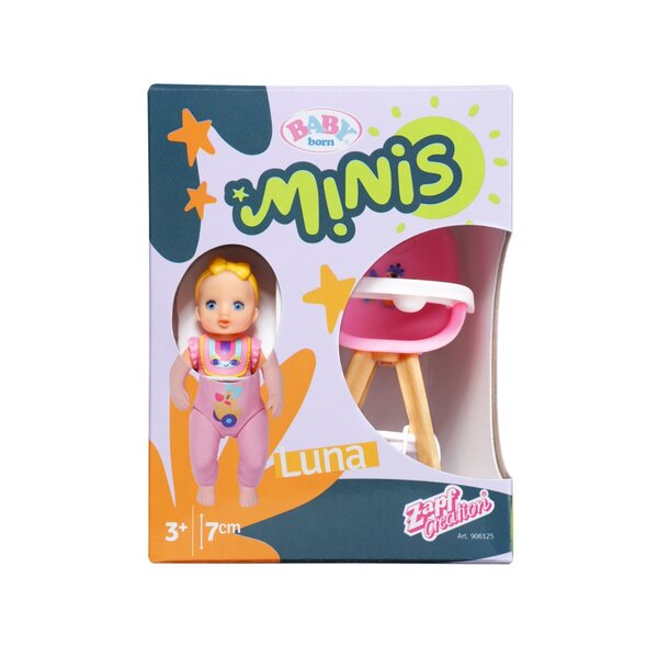 Baby Born Minis-Set mit Hochstuhl zum Mittagessen und Luna-Puppe, 7 cm